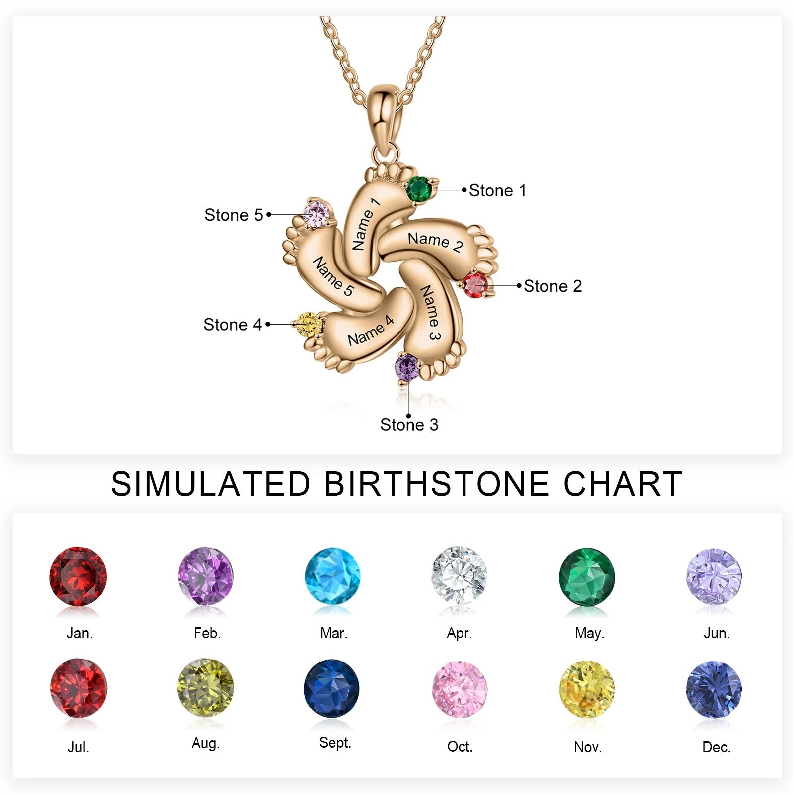 Personalized Baby Feet Name & Birthstone Necklace in rose gold