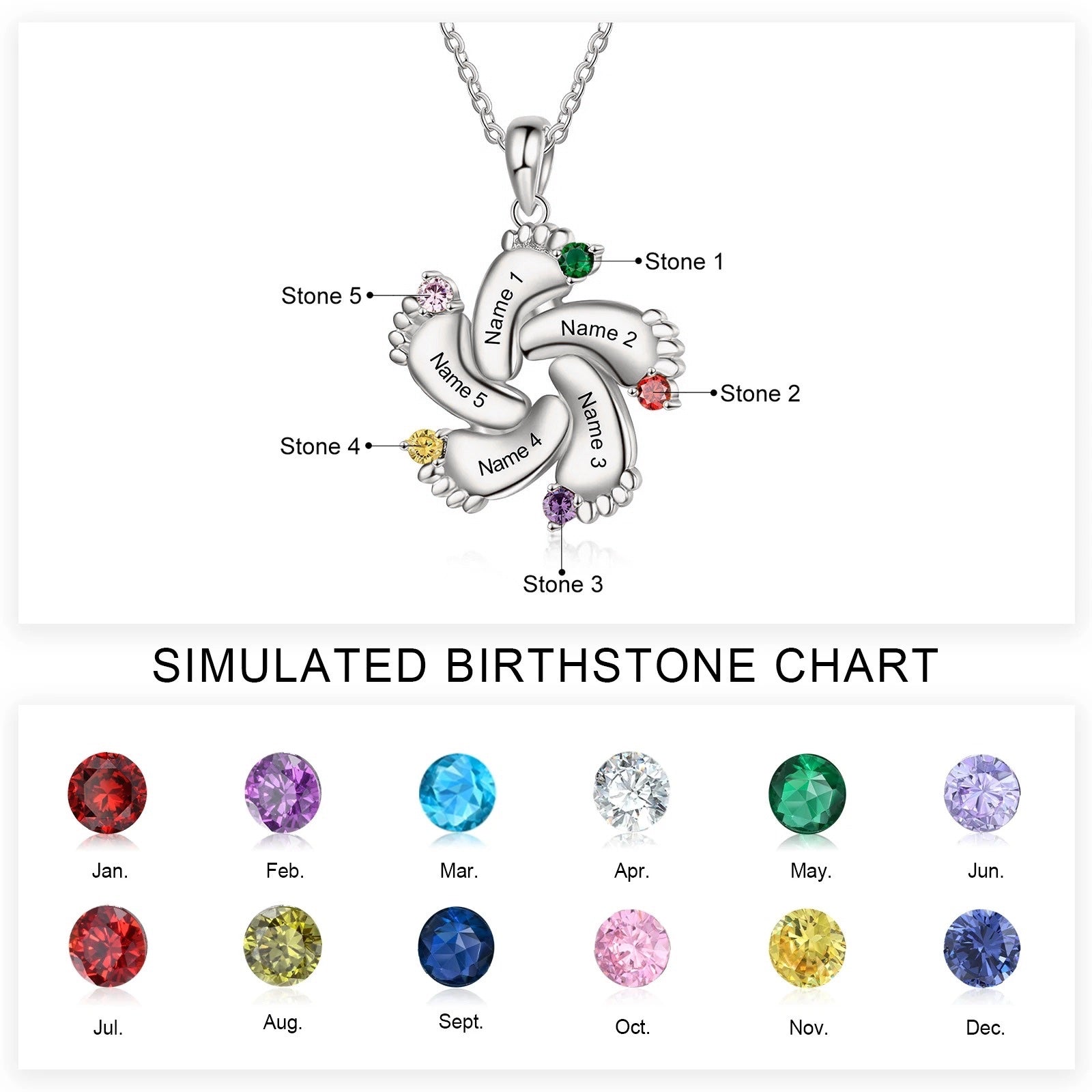 Personalized Baby Feet Name & Birthstone Necklace in silver