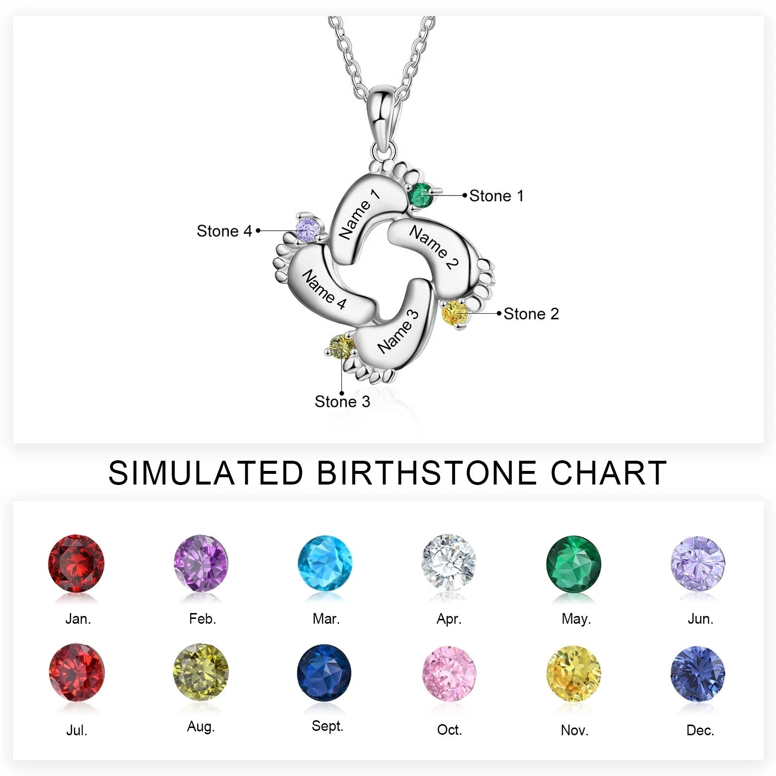 Personalized Baby Feet Name & Birthstone Necklace in silver