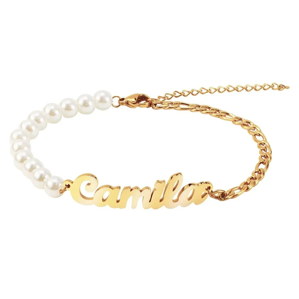 Personalized Name Pearl Figaro Chain Bracelet in gold