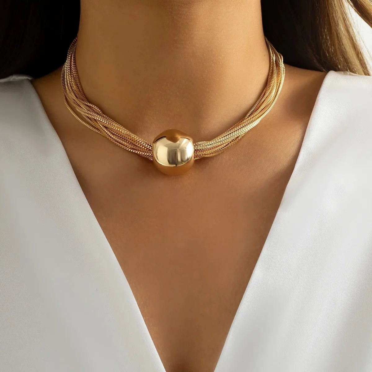 Posh Multi Layered Chain Ball Necklace and Bracelet in gold