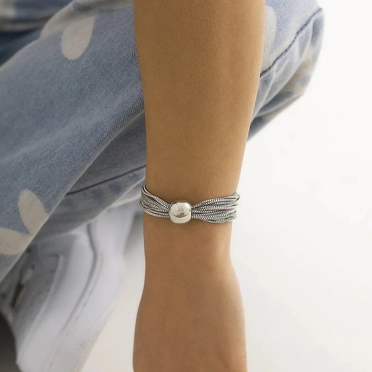 Posh Multi Layered Chain Ball Necklace and Bracelet in silver