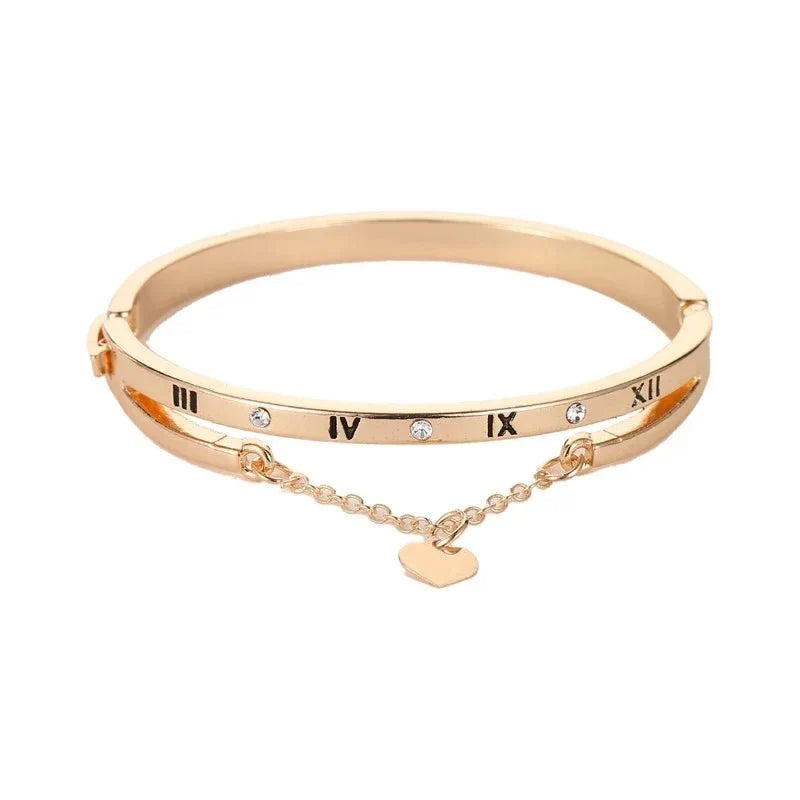 Roman Numeral Heart Dangle Cuff Bracelet in gold
