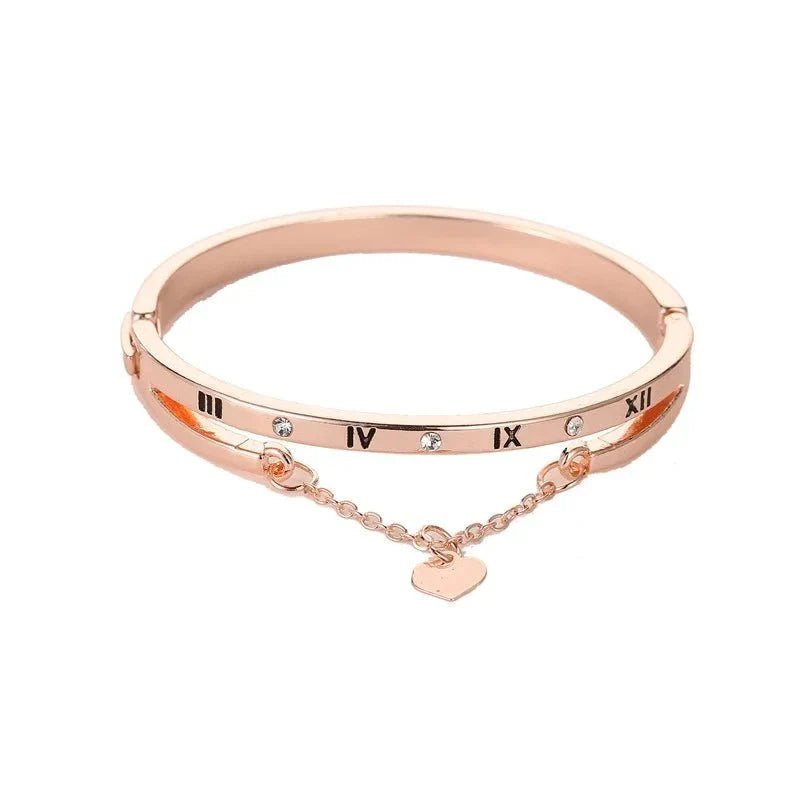 Roman Numeral Heart Dangle Cuff Bracelet in rose gold