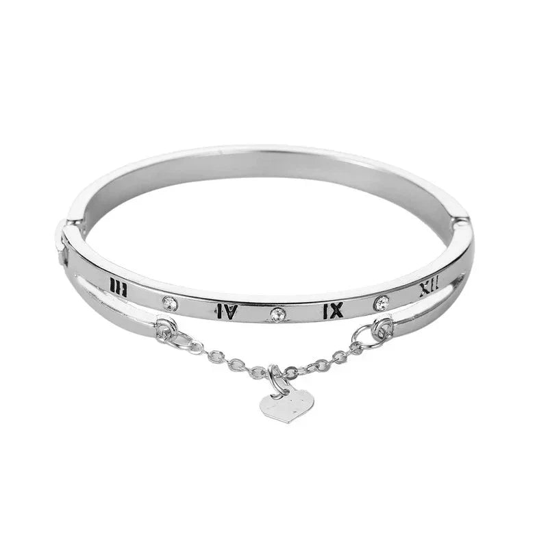 Roman Numeral Heart Dangle Cuff Bracelet in silver