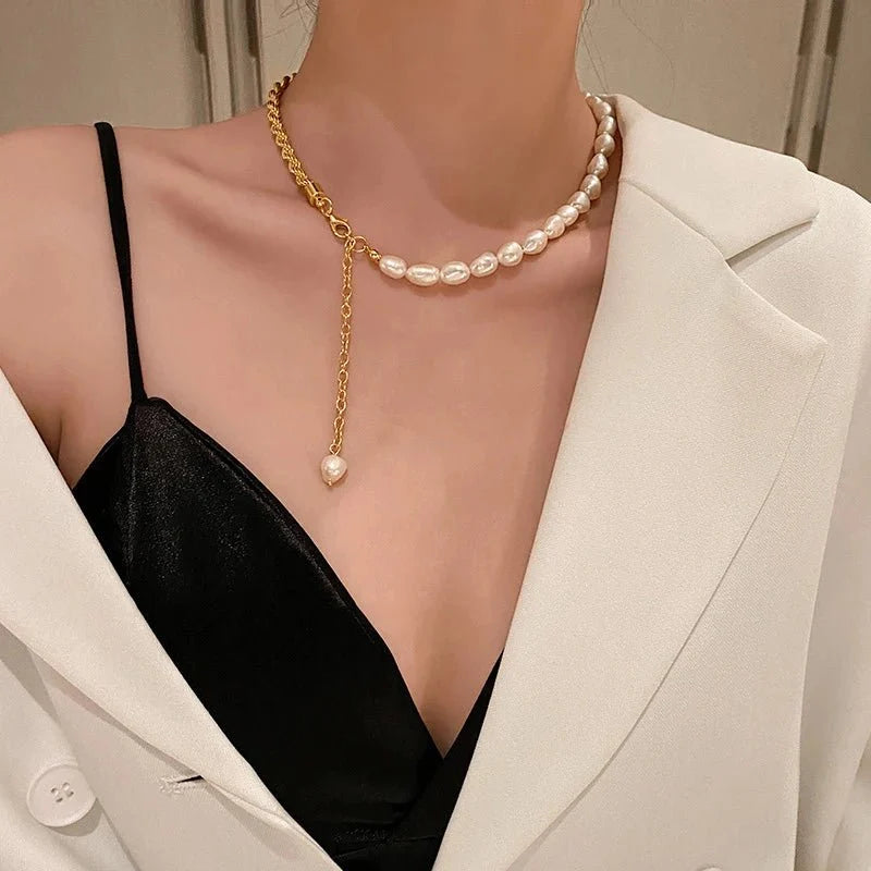Rope Chain Pearl Contrast Bracelet and Necklace