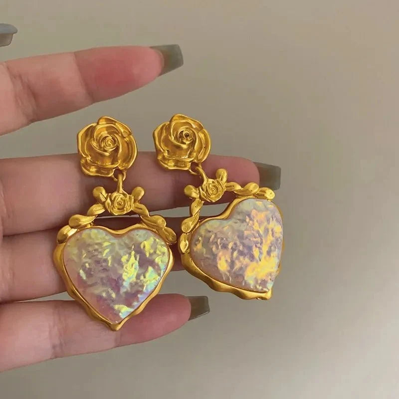 Rose Floral Enamel Heart Earrings