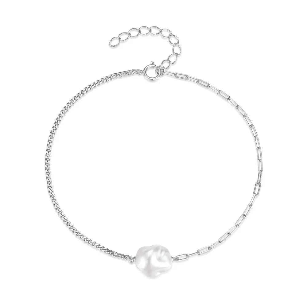 S925 Pearl Dainty Paperclip and Cuban Chain Bracelet in silver