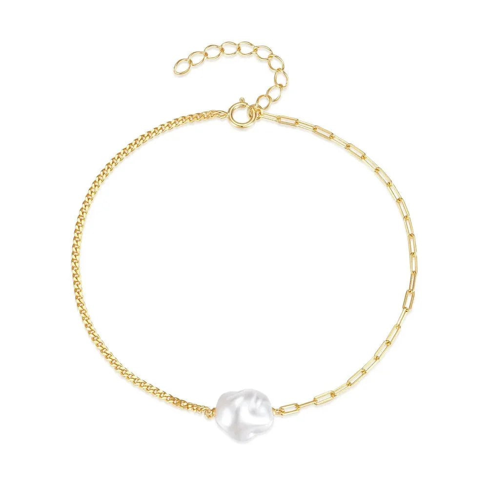 S925 Pearl Dainty Paperclip and Cuban Chain Bracelet in gold