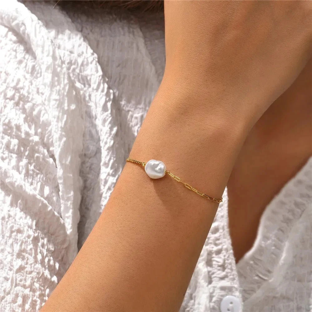 S925 Pearl Dainty Paperclip and Cuban Chain Bracelet