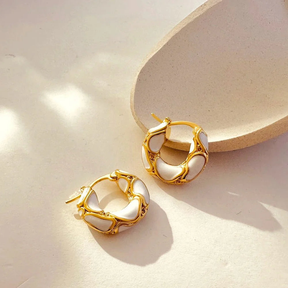 Textured Gold Contrast Hoop Earrings in white
