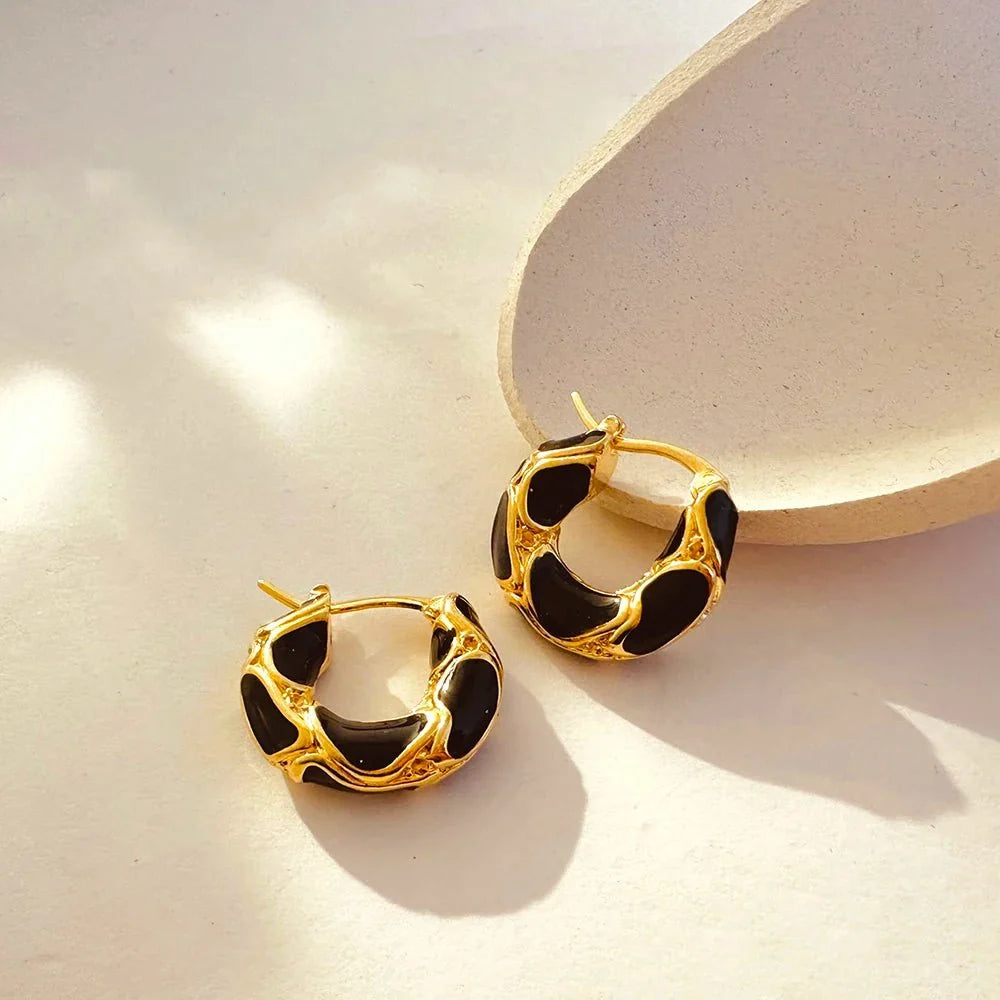 Textured Gold Contrast Hoop Earrings in black