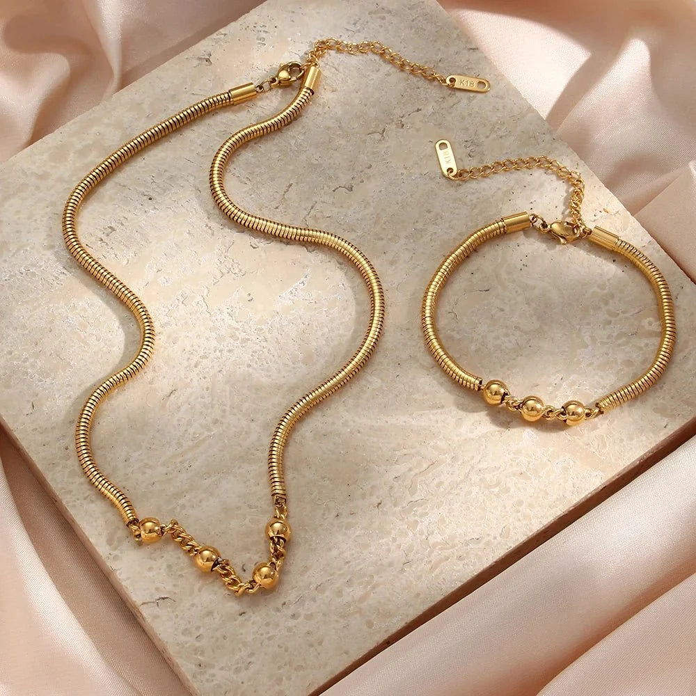 Thick Snake Chain Beaded Necklace and Bracelet
