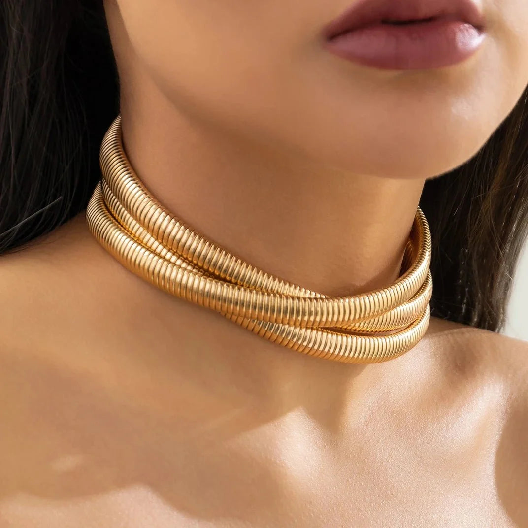 Triple Layer Stacked Chunky Choker Necklace in gold