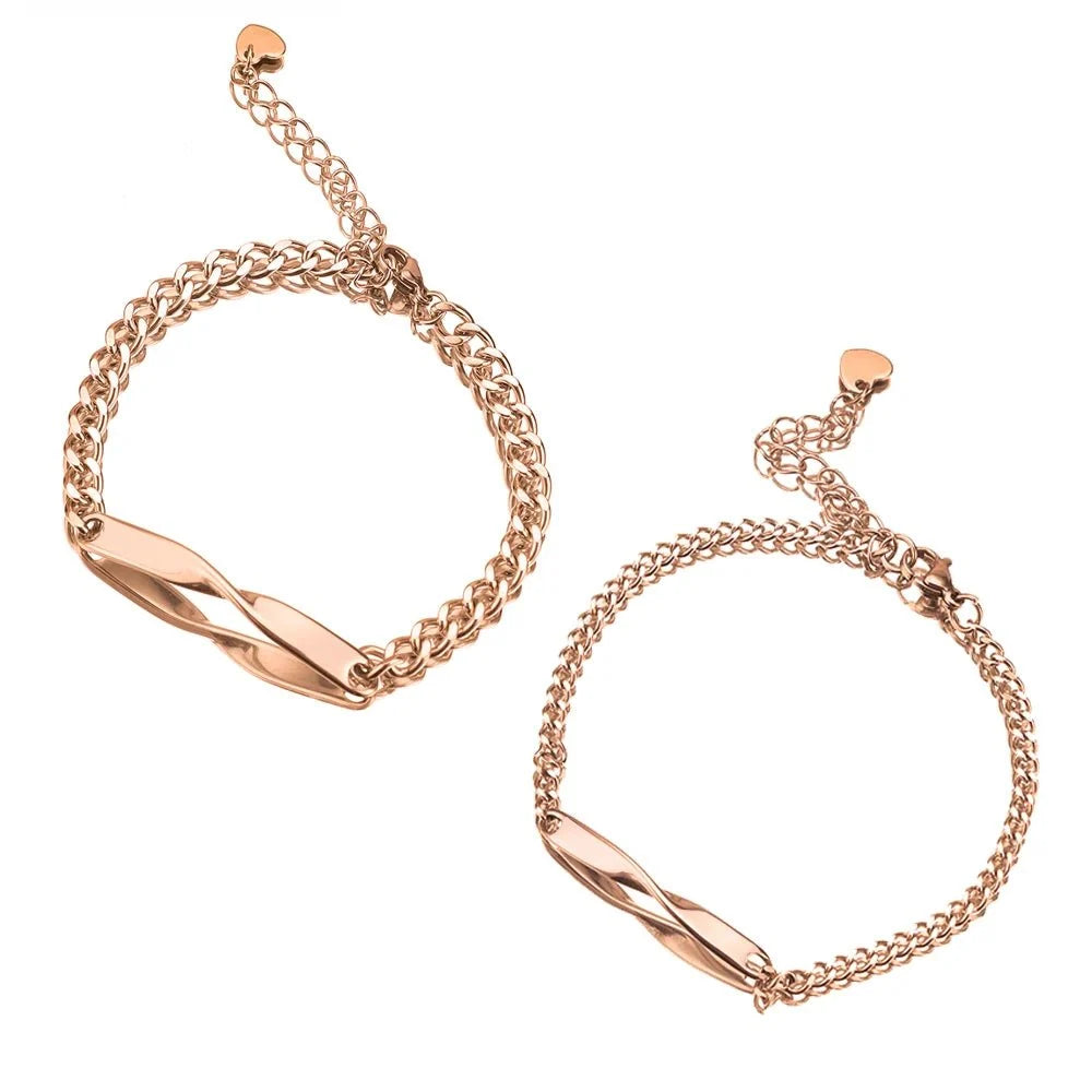 Twisted Name & Date Couples Bracelets in rose gold
