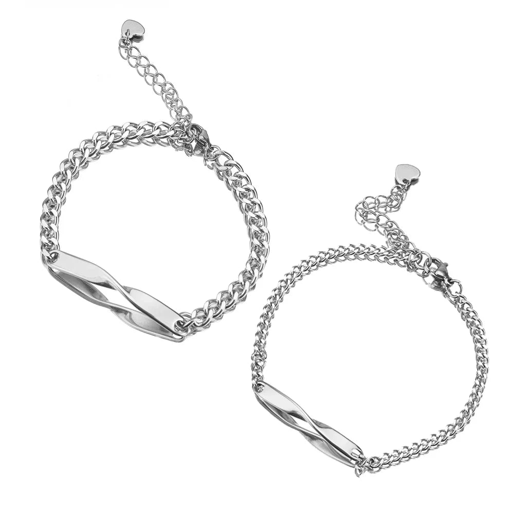 Twisted Name & Date Couples Bracelets in silver