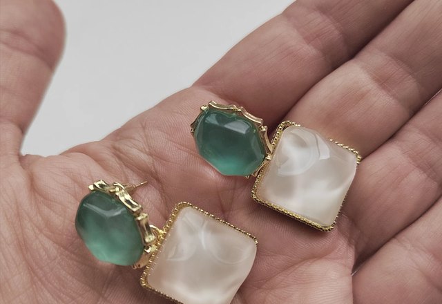 Enamel Geometric Oval Square Earrings worn by a customer