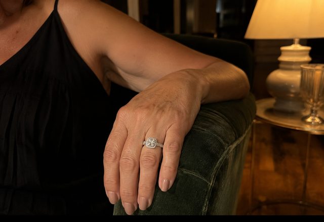 Square Halo Baguette Band Ring worn by a customer