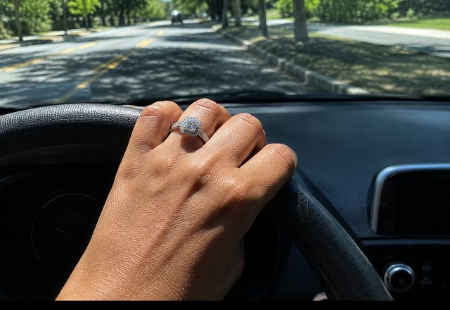 Square Halo Baguette Band Ring worn by a customer