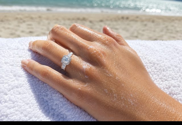 Square Halo Baguette Band Ring worn by a customer