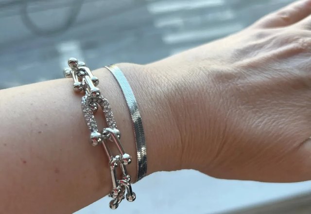2pc Statement Chain Lock & Herringbone Bracelet worn by a customer
