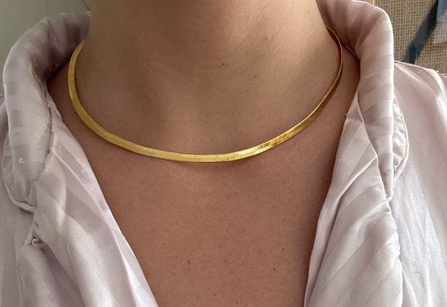 Herringbone Butterfly Necklace worn by a customer