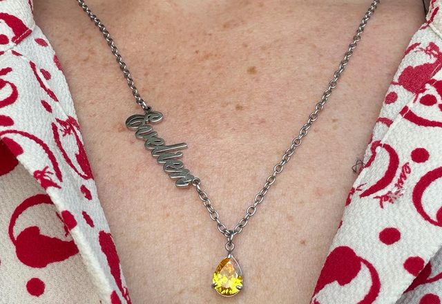 Name & Birthstone Necklace worn by a customer
